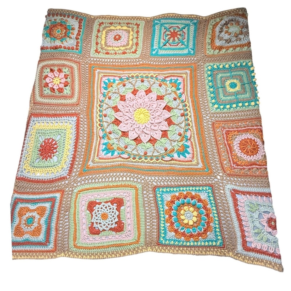 Vtg Handmade Crochet 3D Granny Square Afghan Blanket 54x54 Karoo Style cottage